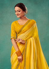 Shop Elegant Yellow Ochre Chiffon Solid Saree